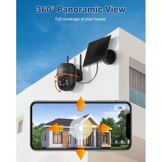 Septekon 2K Solar Security Cameras Wireless Outdoor 2 Pack, 360°PTZ Battery Powered Outdoor Camera, 2.4G WiFi Camera with Spotlight Color Night Vision, Motion Sensor Alarm, IP66, Black B40